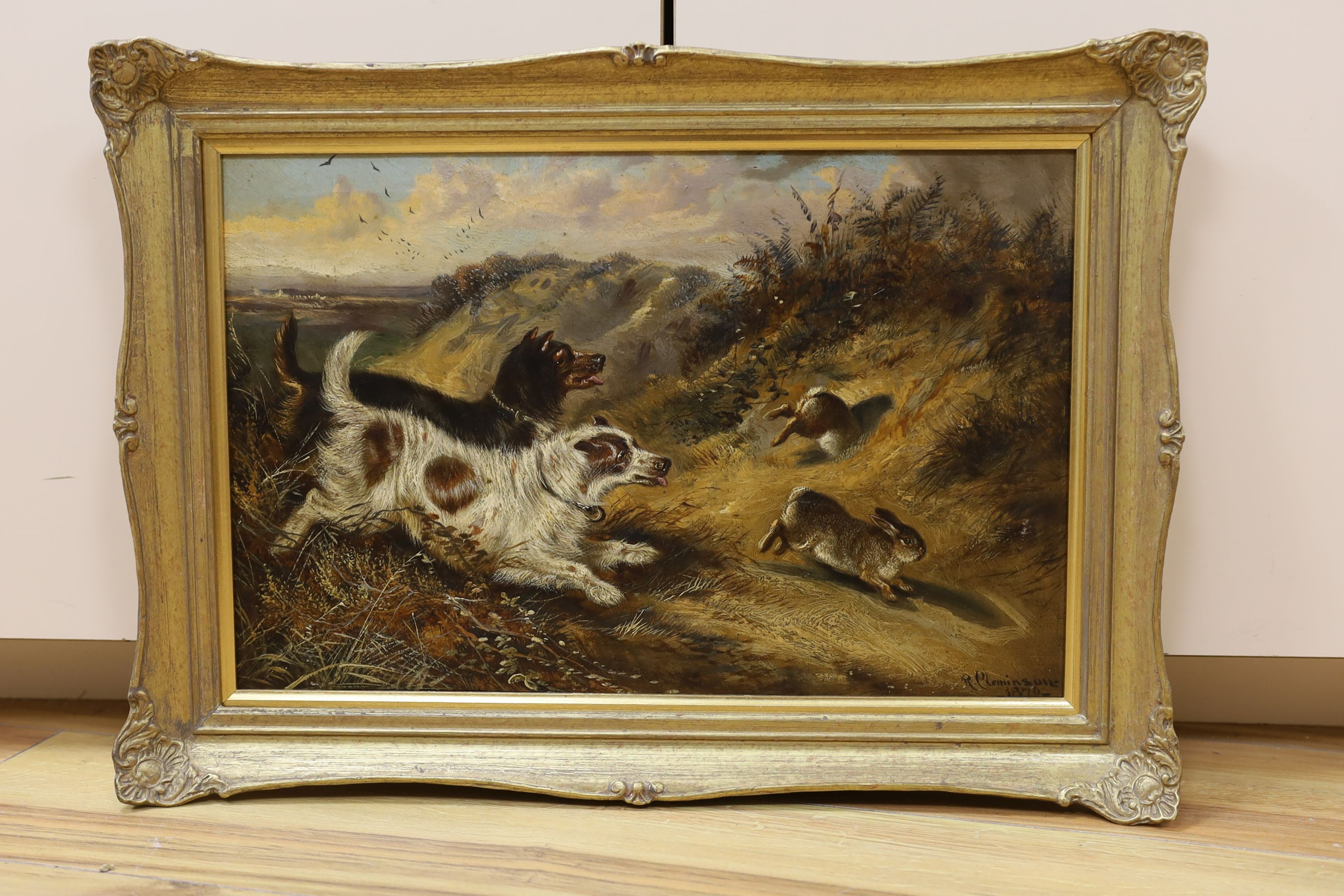 Robert Cleminson (1864-1903), oil on canvas, Terriers chasing rabbits, signed, dated 1879, 28 x 44cm